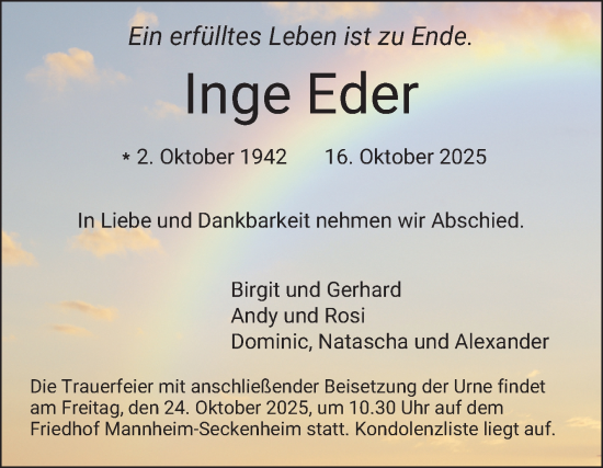 Traueranzeige von Inge Eder von Mannheimer Morgen