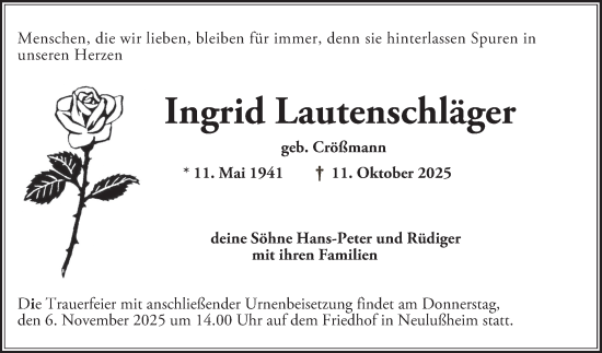 Traueranzeige von Ingrid Lautenschläger von Schwetzinger Zeitung