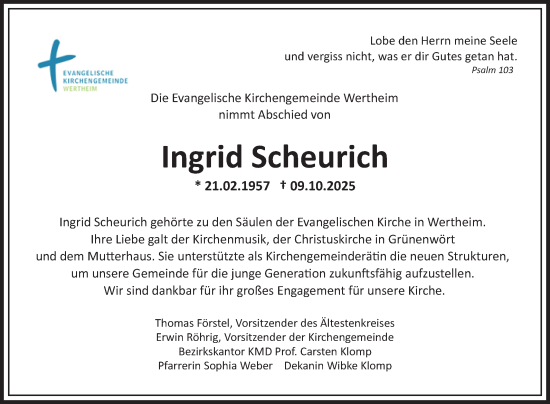 Traueranzeige von Ingrid Scheurich von Fränkische Nachrichten