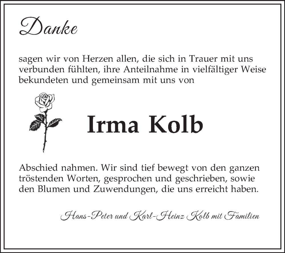  Traueranzeige für Irma Kolb vom 11.10.2025 aus Schwetzinger Zeitung