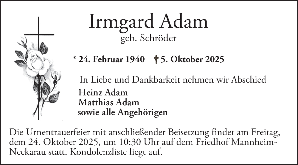  Traueranzeige für Irmgard Adam vom 18.10.2025 aus Mannheimer Morgen