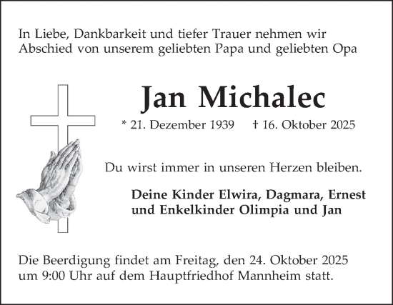 Traueranzeige von Jan Michalec von Mannheimer Morgen
