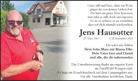 Traueranzeige von Jens Hausotter von Fränkische Nachrichten