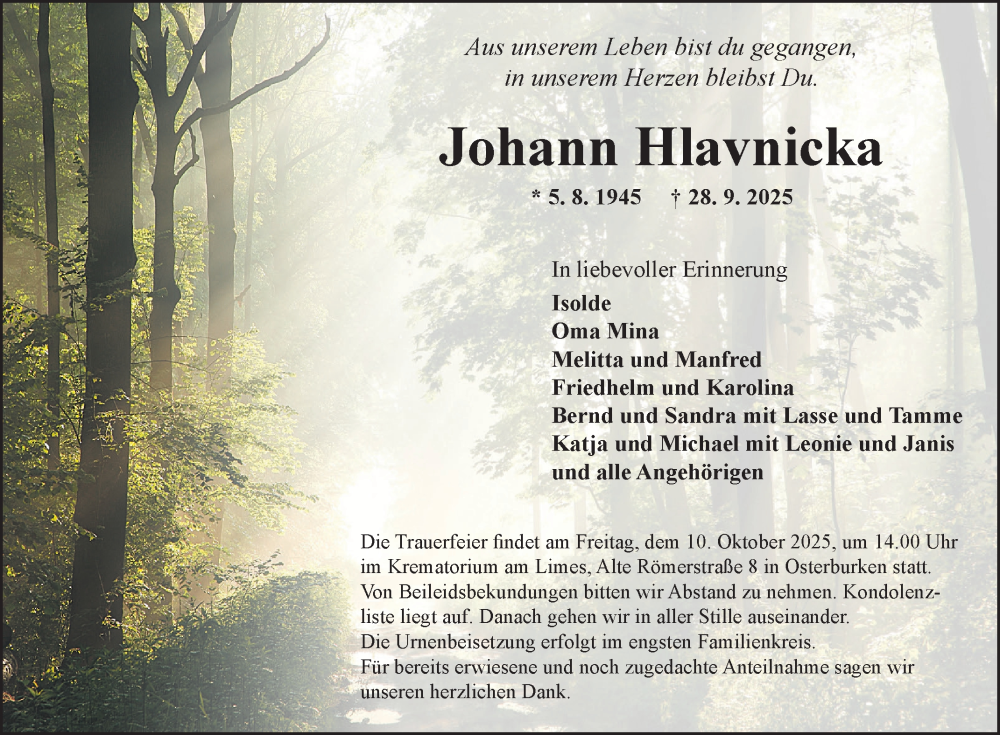 Traueranzeige für Johann Hlavnicka vom 04.10.2025 aus Fränkische Nachrichten