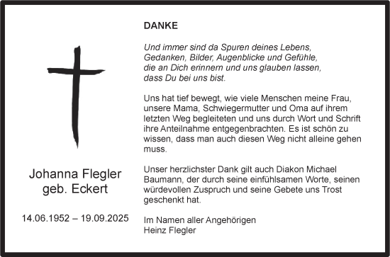 Traueranzeige von Johanna Flegler von Fränkische Nachrichten