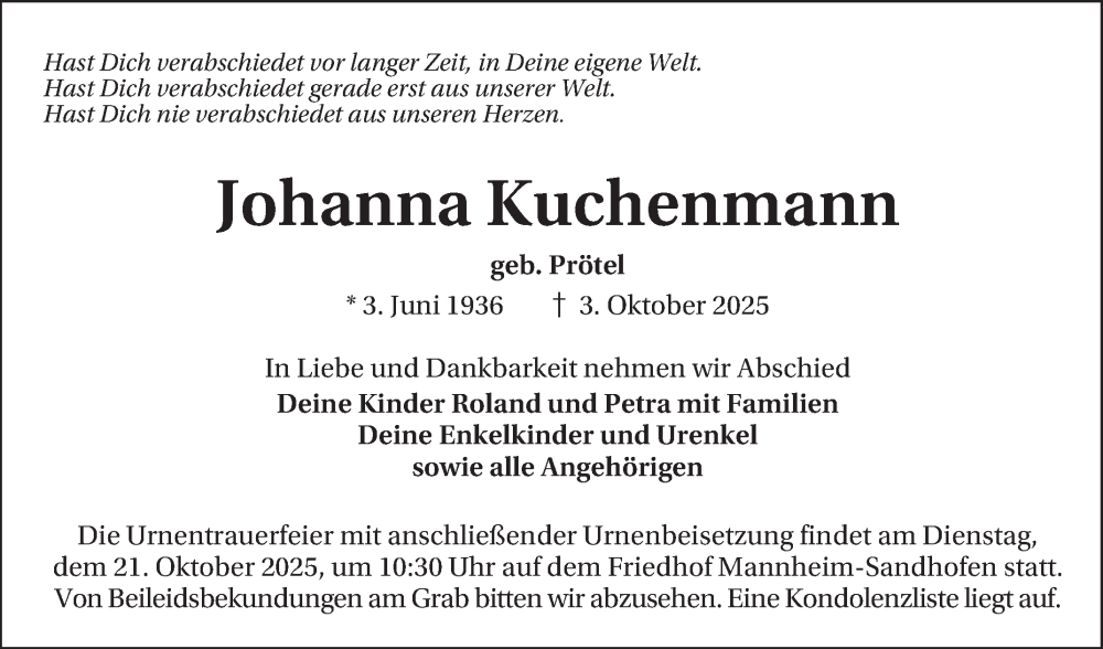  Traueranzeige für Johanna Kuchenmann vom 11.10.2025 aus Mannheimer Morgen