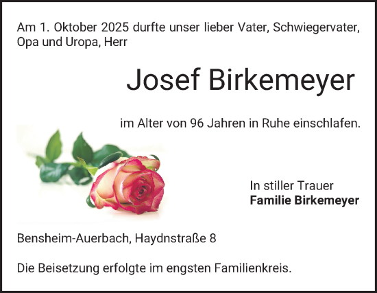 Traueranzeige von Josef Birkemeyer von Bergsträßer Anzeiger