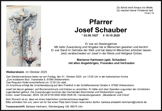 Traueranzeige von Josef Schauber von Fränkische Nachrichten