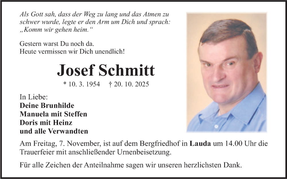  Traueranzeige für Josef Schmitt vom 31.10.2025 aus Fränkische Nachrichten