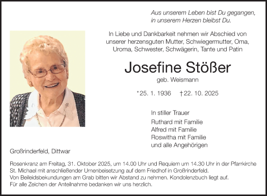 Traueranzeige von Josefine Stößer von Fränkische Nachrichten