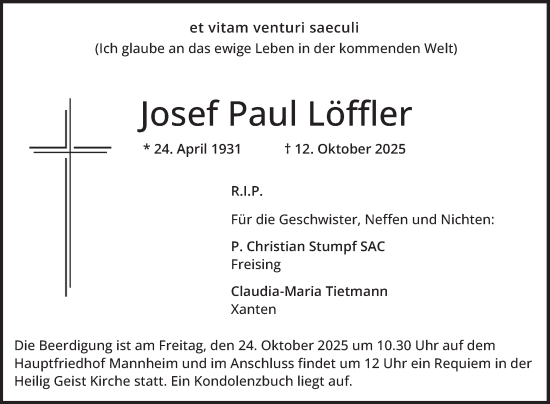 Traueranzeige von Josef Paul Löffler von Mannheimer Morgen