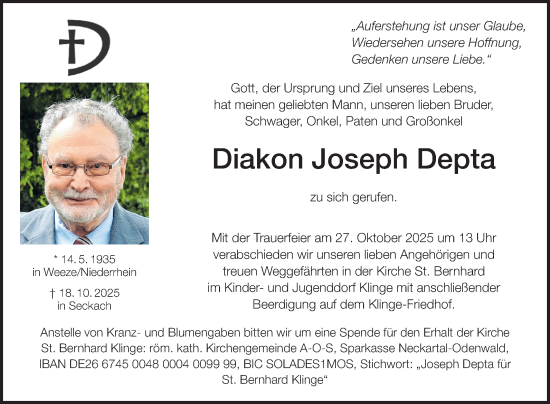 Traueranzeige von Joseph Depta von Fränkische Nachrichten