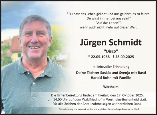 Traueranzeige von Jürgen Schmidt von Fränkische Nachrichten