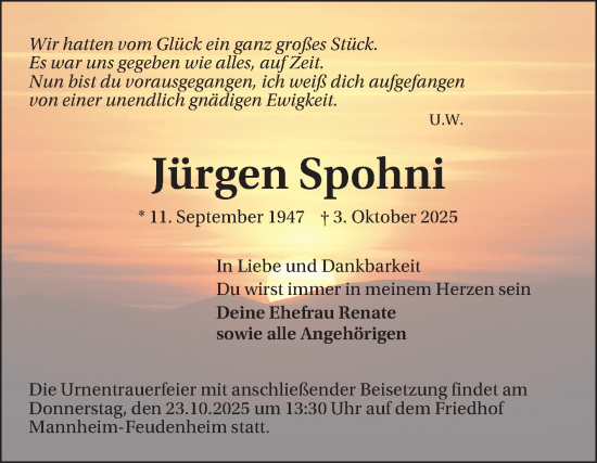 Traueranzeige von Jürgen Spohni von Mannheimer Morgen