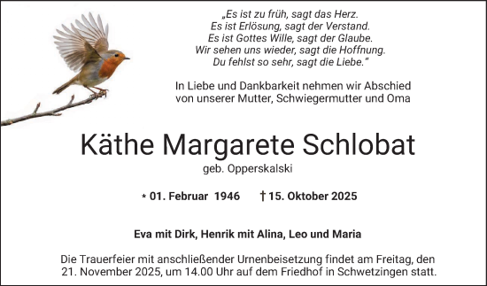 Traueranzeige von Käthe Margarete Schlobat von Schwetzinger Zeitung