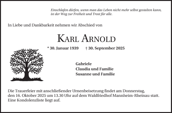Traueranzeige von Karl Arnold von Mannheimer Morgen