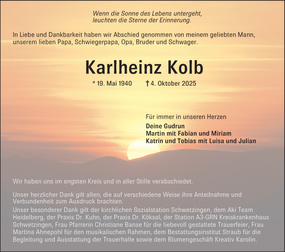  Traueranzeige für Karlheinz Kolb vom 31.10.2025 aus Schwetzinger Zeitung
