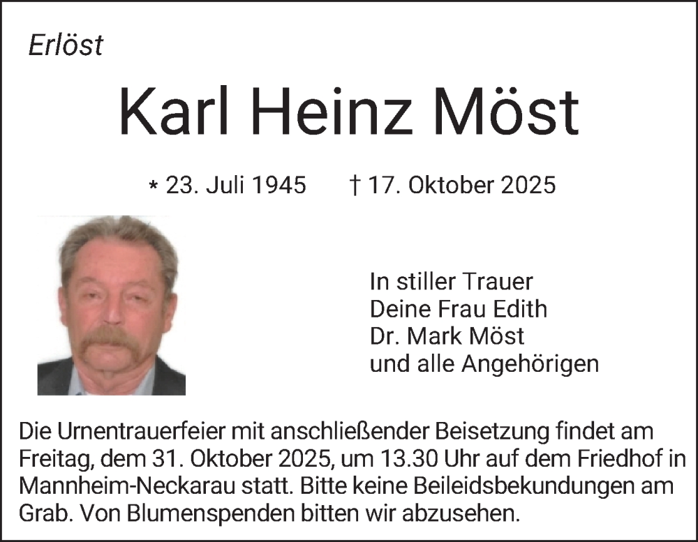  Traueranzeige für Karl Heinz Möst vom 25.10.2025 aus Mannheimer Morgen