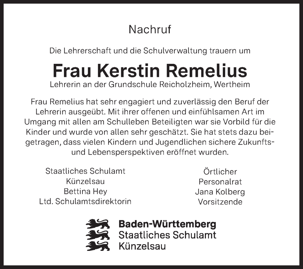  Traueranzeige für Kerstin Remelius vom 18.10.2025 aus Fränkische Nachrichten