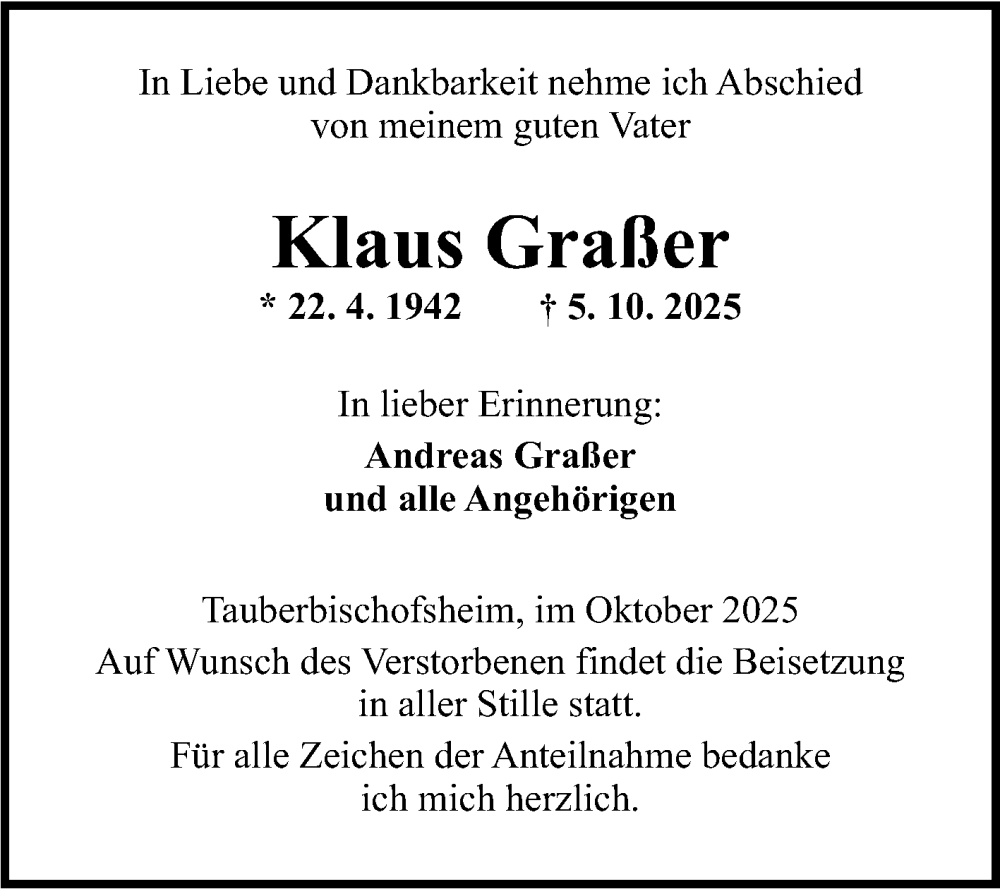  Traueranzeige für Klaus Graßer vom 11.10.2025 aus Fränkische Nachrichten