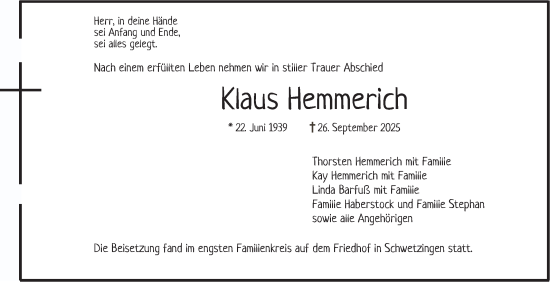 Traueranzeige von Klaus Hemmerich von Schwetzinger Zeitung