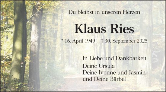 Traueranzeige von Klaus Ries von Schwetzinger Zeitung