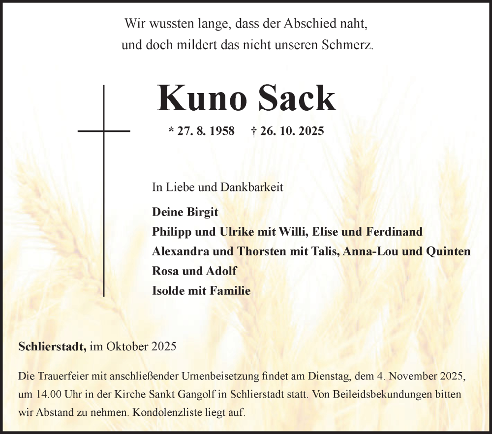  Traueranzeige für Kuno Sack vom 31.10.2025 aus Fränkische Nachrichten