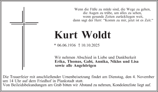 Traueranzeige von Kurt Woldt von Schwetzinger Zeitung