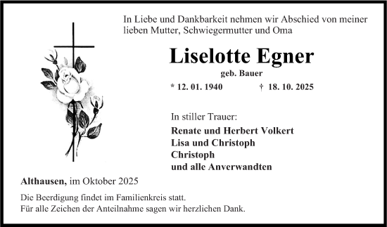 Traueranzeige von Liselotte Egner von Fränkische Nachrichten