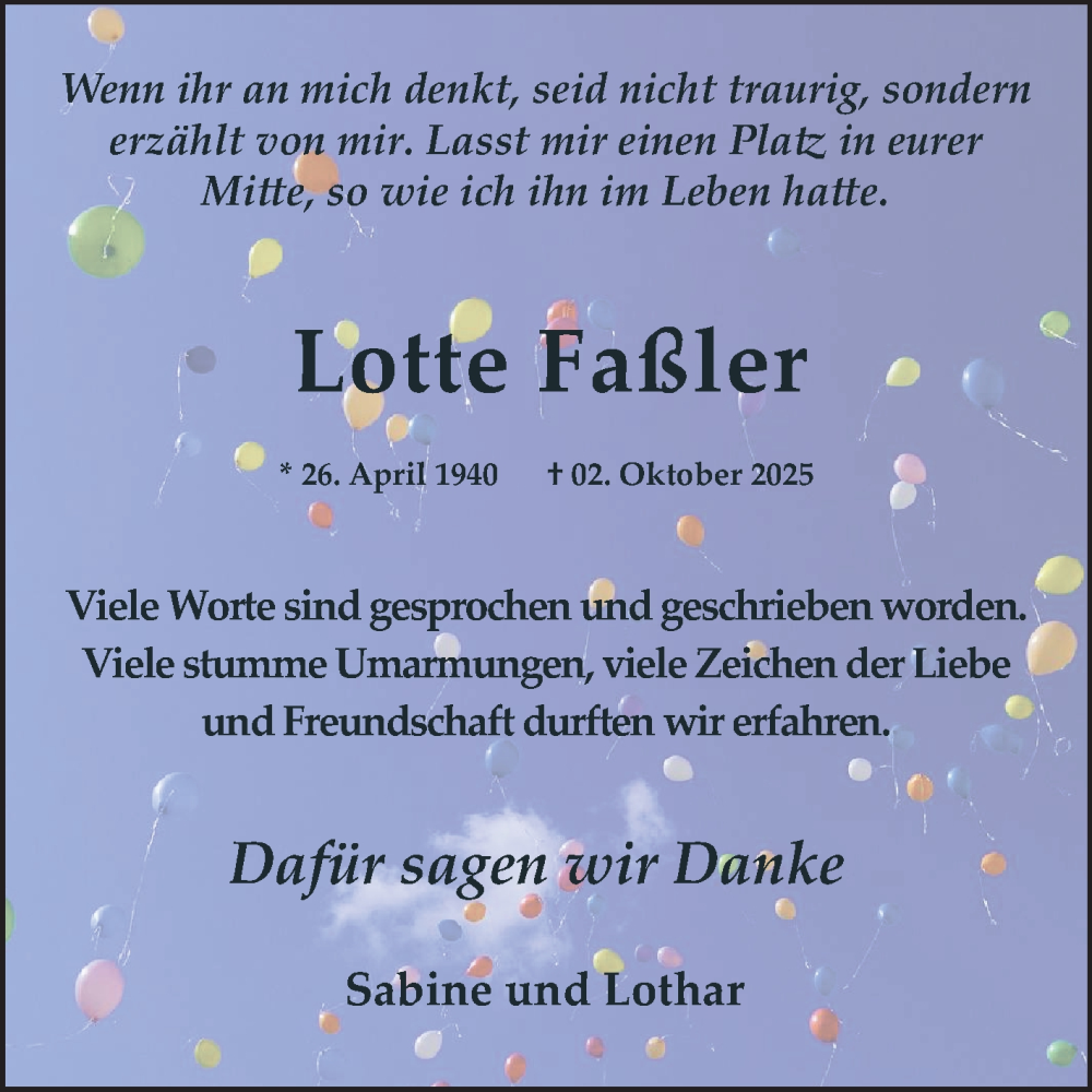  Traueranzeige für Lotte Faßler vom 31.10.2025 aus Mannheimer Morgen