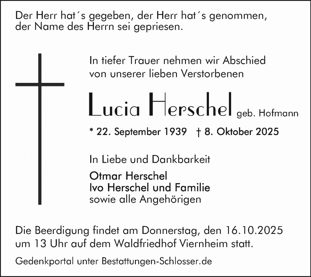  Traueranzeige für Lucia Herschel vom 15.10.2025 aus Mannheimer Morgen