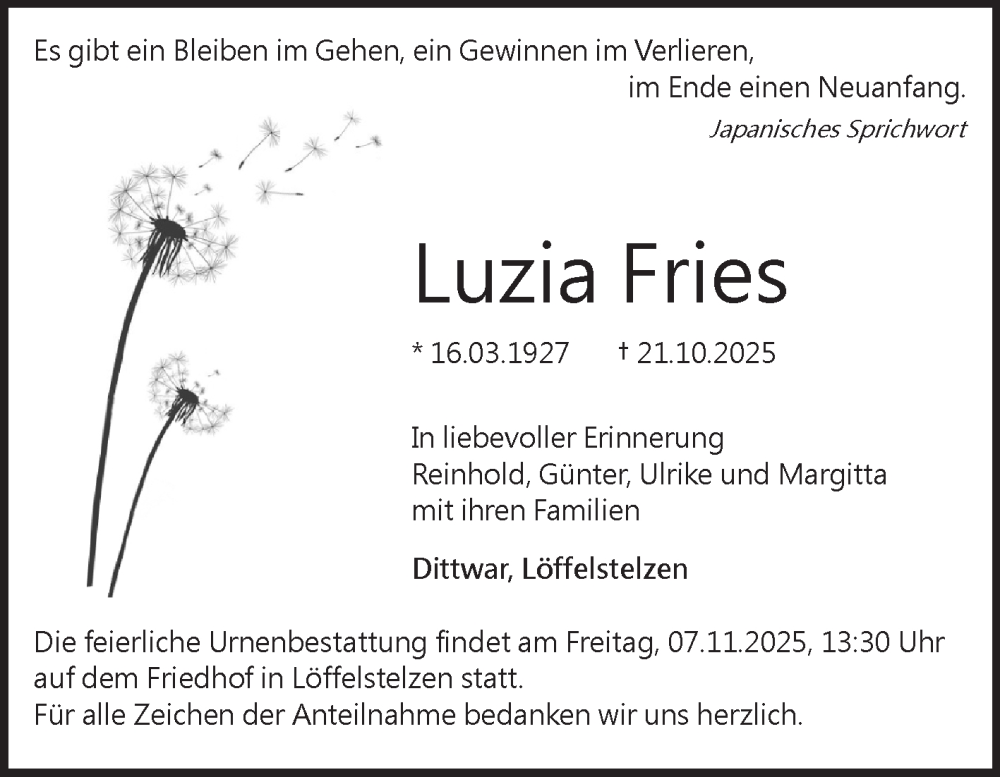  Traueranzeige für Luzia Fries vom 31.10.2025 aus Fränkische Nachrichten