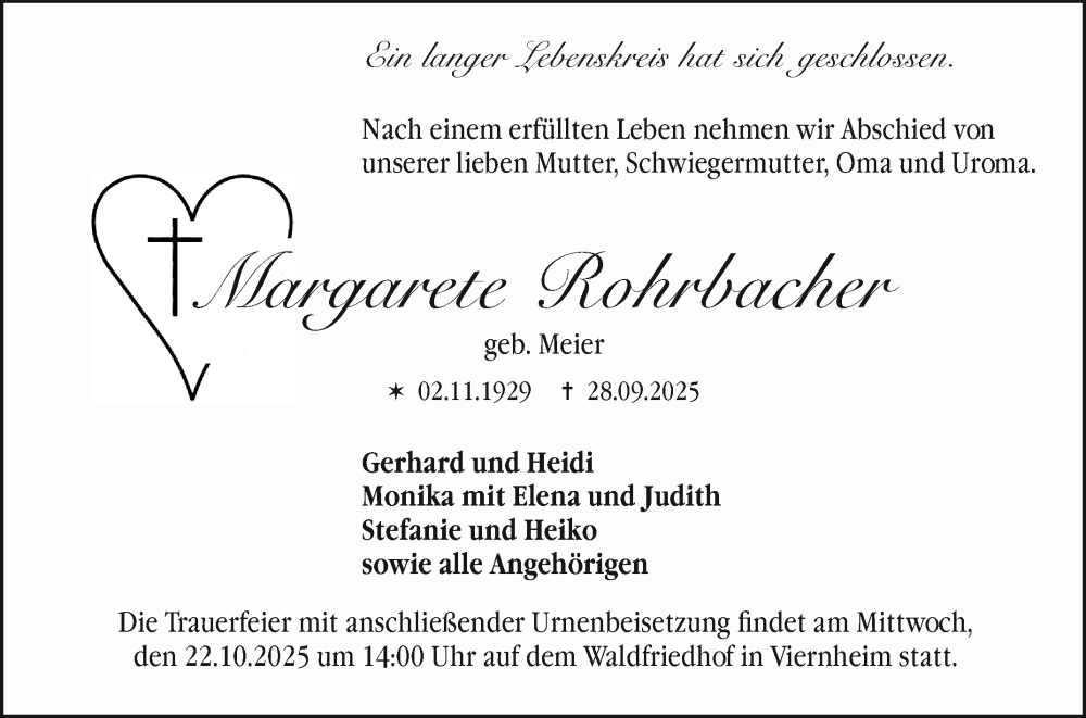  Traueranzeige für Margarete Rohrbacher vom 18.10.2025 aus Mannheimer Morgen