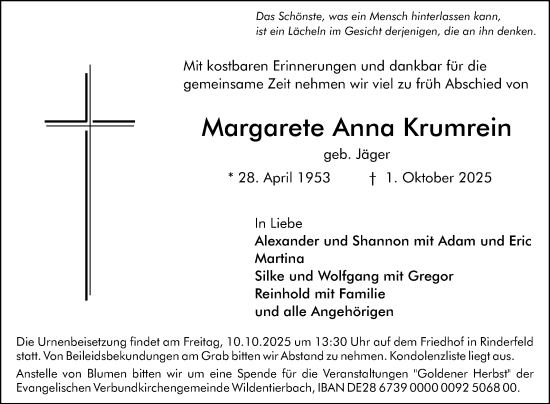 Traueranzeige von Margarete Anna Krumrein von Fränkische Nachrichten