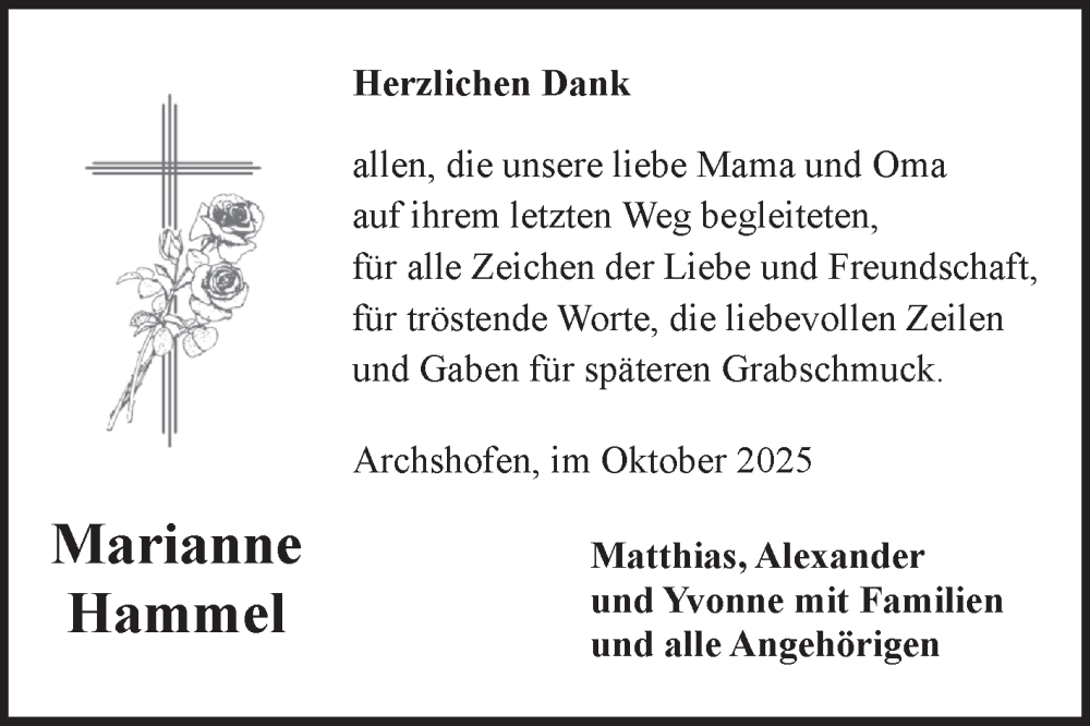  Traueranzeige für Marianne Hammel vom 04.10.2025 aus Fränkische Nachrichten