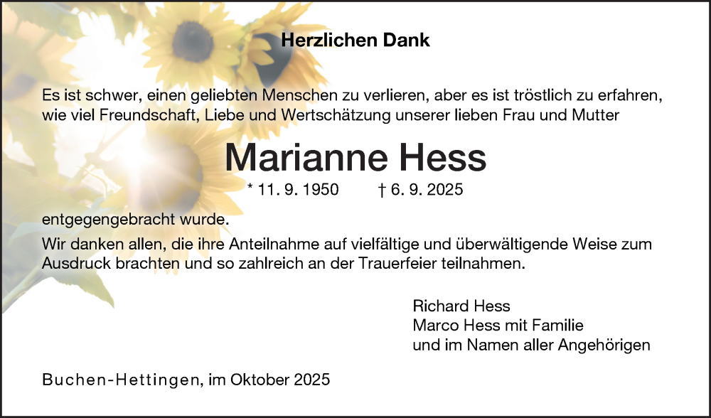  Traueranzeige für Marianne Hess vom 11.10.2025 aus Fränkische Nachrichten