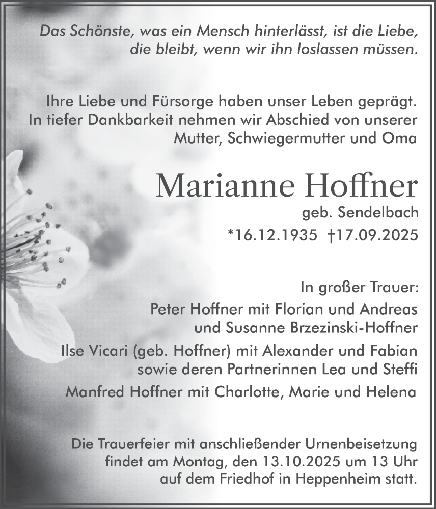  Traueranzeige für Marianne Hoffner vom 11.10.2025 aus Bergsträßer Anzeiger