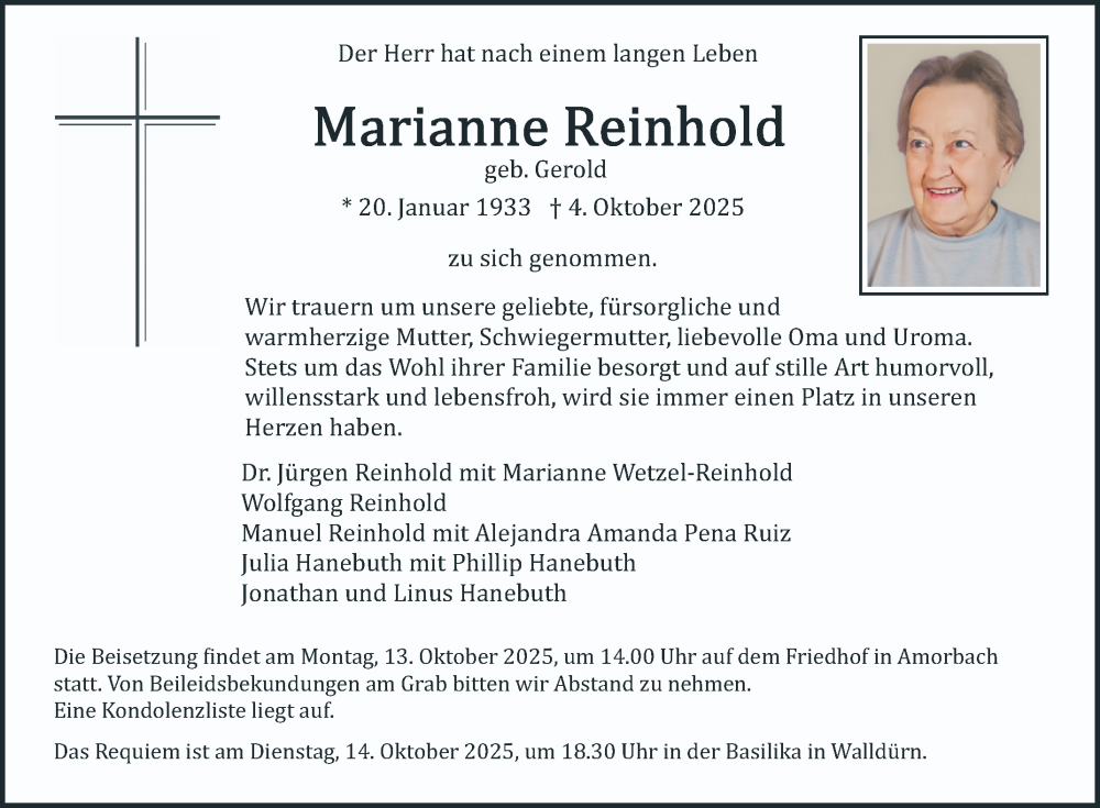  Traueranzeige für Marianne Reinhold vom 09.10.2025 aus Fränkische Nachrichten