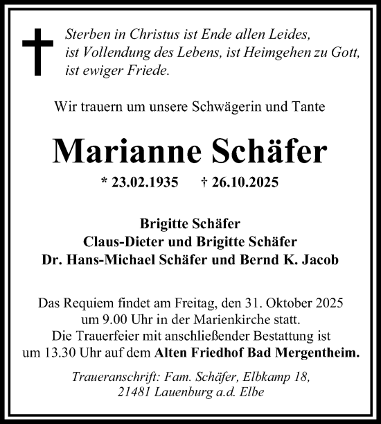 Traueranzeige von Marianne Schäfer von Fränkische Nachrichten