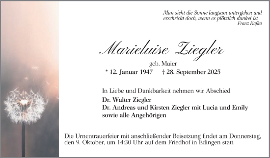 Traueranzeige von Marieluise Ziegler von Mannheimer Morgen