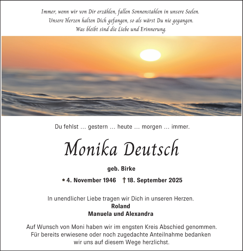  Traueranzeige für Monika Deutsch vom 04.10.2025 aus Schwetzinger Zeitung