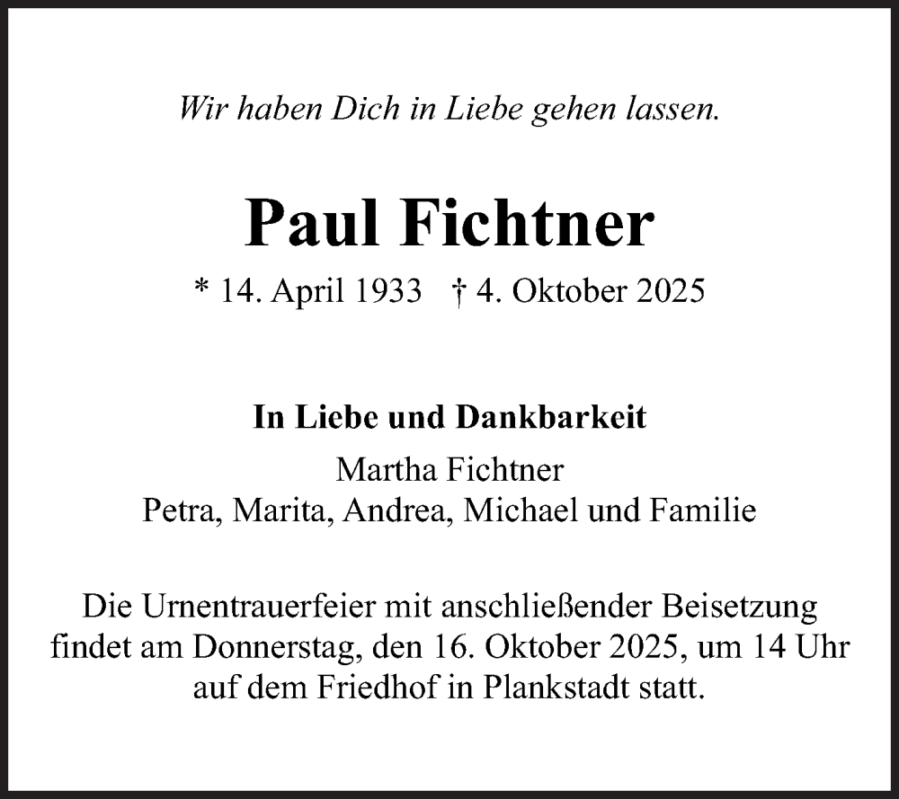  Traueranzeige für Paul Fichtner vom 11.10.2025 aus Schwetzinger Zeitung