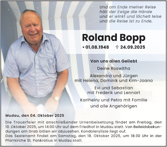 Traueranzeige von Roland Bopp von Fränkische Nachrichten