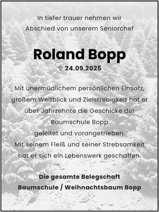 Traueranzeige von Roland Bopp von Fränkische Nachrichten