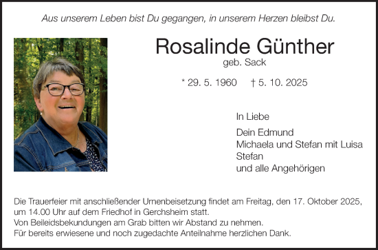 Traueranzeige von Rosalinde Günther von Fränkische Nachrichten