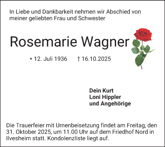 Traueranzeige von Rosemarie Wagner von Mannheimer Morgen