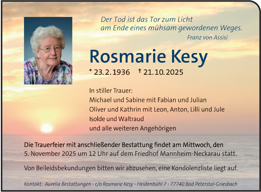  Traueranzeige für Rosmarie Kesy vom 31.10.2025 aus Mannheimer Morgen