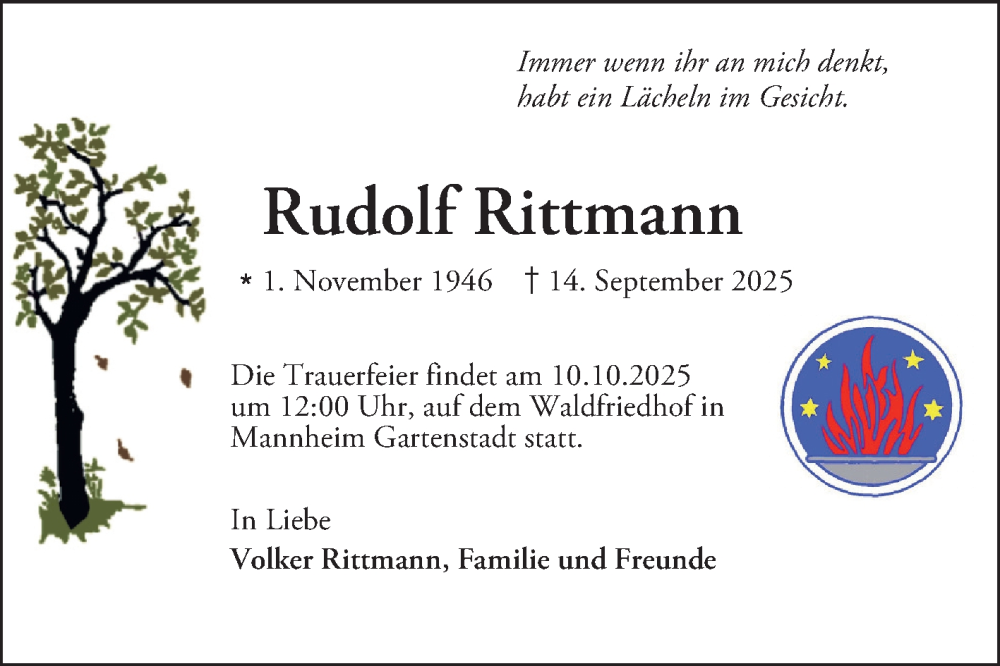  Traueranzeige für Rudolf Rittmann vom 09.10.2025 aus Mannheimer Morgen