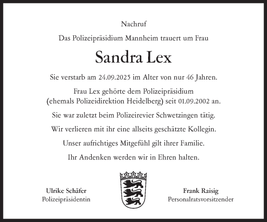 Traueranzeige von Sandra Lex von Mannheimer Morgen