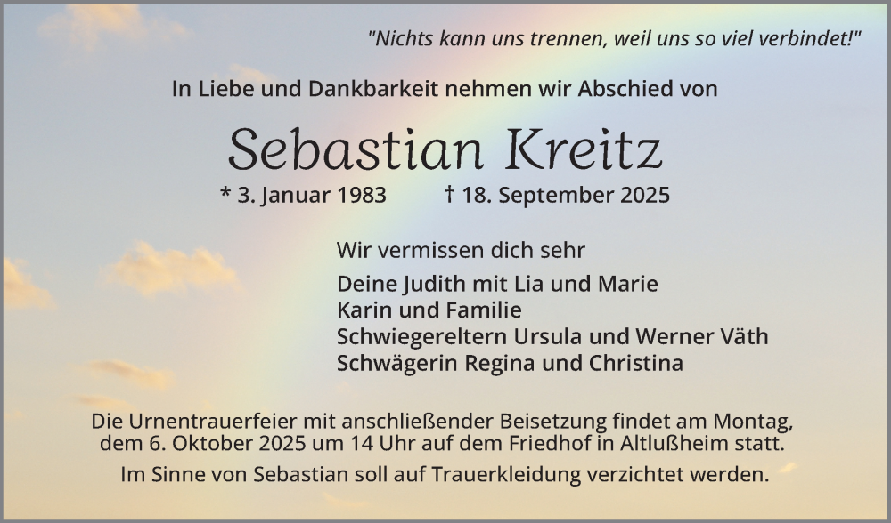  Traueranzeige für Sebastian Kreitz vom 04.10.2025 aus Schwetzinger Zeitung
